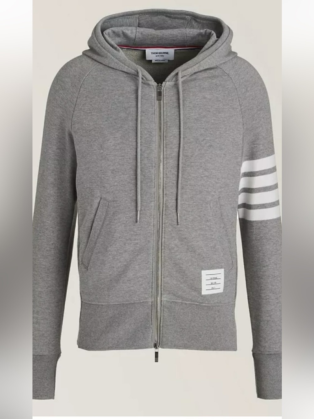 Thom Browne Gray Zip Hoodie with White Sleeve Stripes